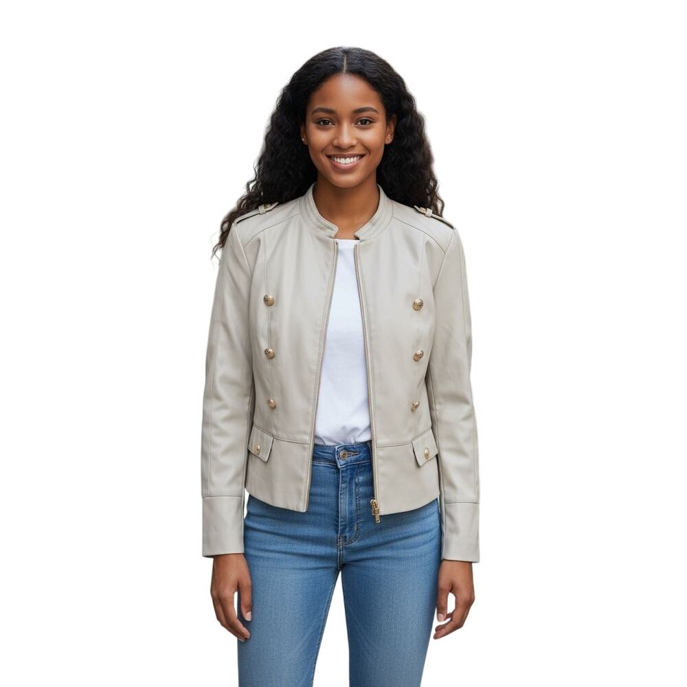 Calvin Klein Faux Leather Cream Color Jacket with Military Styling Size XL